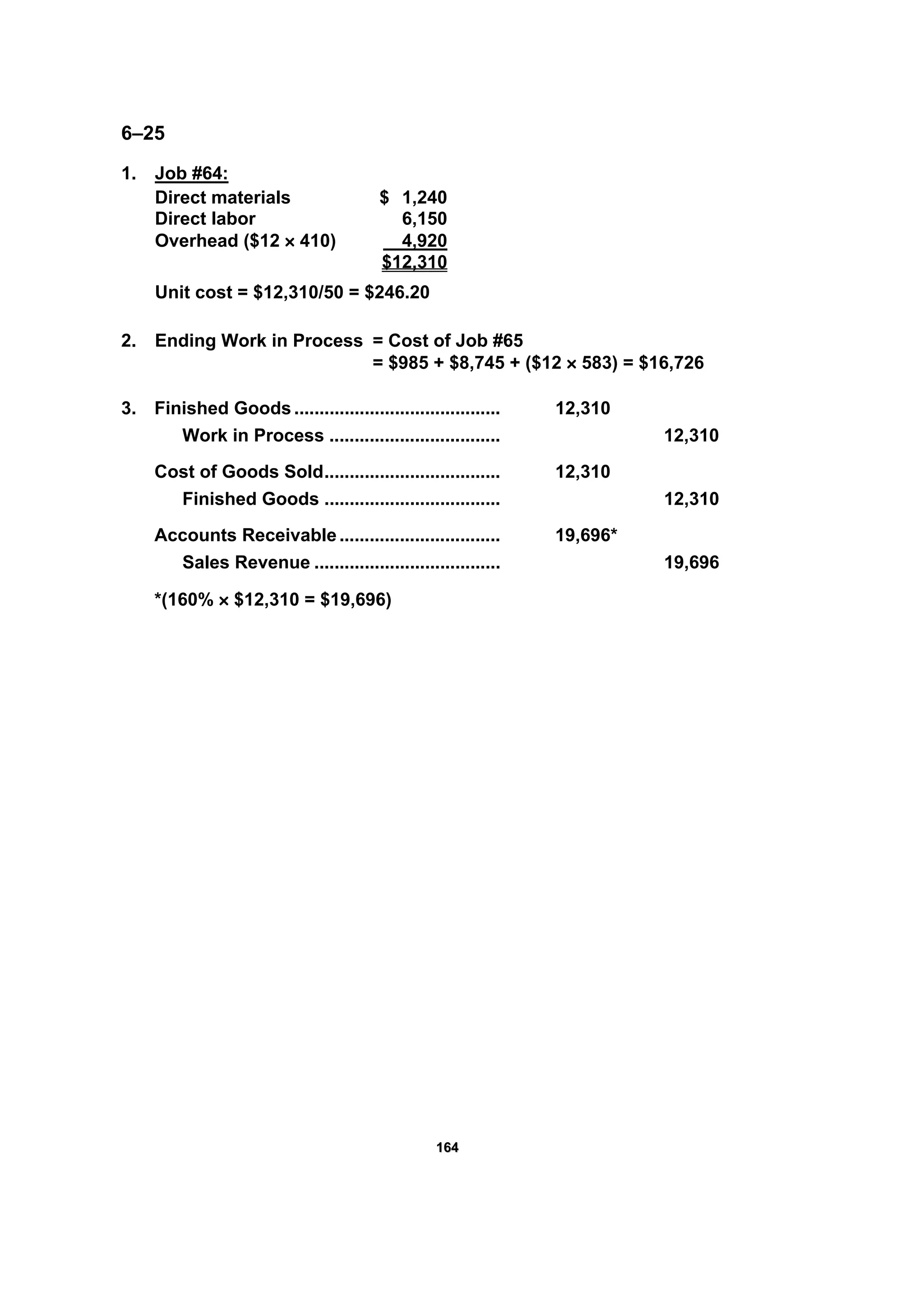 116644
6–25
1. Job #64:
Direct materials $ 1,240
Direct labor 6,150
Overhead ($12 × 410) 4,920
$12,310
Unit cost = $12,310/50 = $246.20
2. Ending Work in Process = Cost of Job #65
= $985 + $8,745 + ($12 × 583) = $16,726
3. Finished Goods ......................................... 12,310
Work in Process .................................. 12,310
Cost of Goods Sold................................... 12,310
Finished Goods ................................... 12,310
Accounts Receivable................................ 19,696*
Sales Revenue ..................................... 19,696
*(160% × $12,310 = $19,696)
 