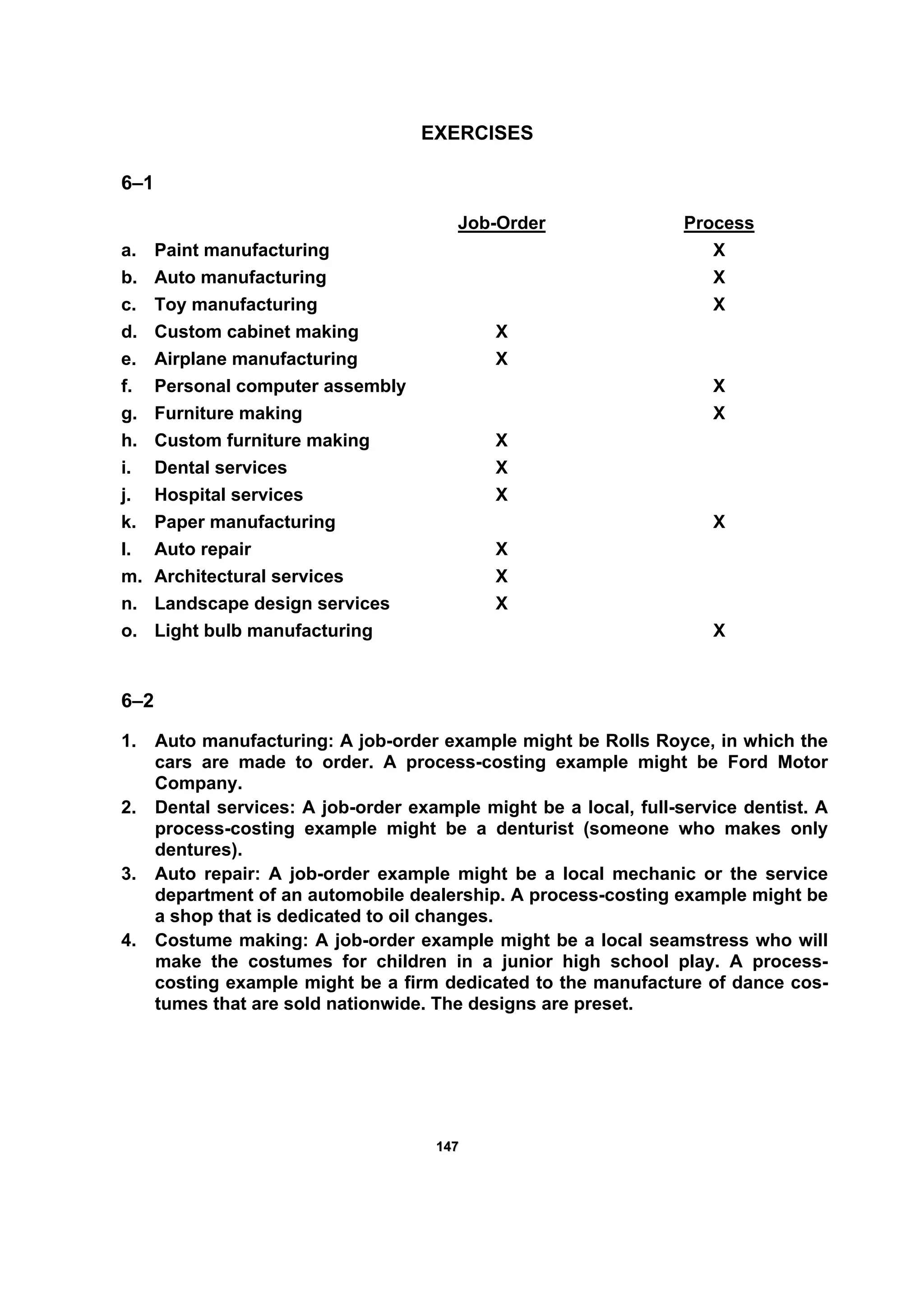 114477
EXERCISES
6–1
Job-Order Process
a. Paint manufacturing X
b. Auto manufacturing X
c. Toy manufacturing X
d. Custom cabinet making X
e. Airplane manufacturing X
f. Personal computer assembly X
g. Furniture making X
h. Custom furniture making X
i. Dental services X
j. Hospital services X
k. Paper manufacturing X
l. Auto repair X
m. Architectural services X
n. Landscape design services X
o. Light bulb manufacturing X
6–2
1. Auto manufacturing: A job-order example might be Rolls Royce, in which the
cars are made to order. A process-costing example might be Ford Motor
Company.
2. Dental services: A job-order example might be a local, full-service dentist. A
process-costing example might be a denturist (someone who makes only
dentures).
3. Auto repair: A job-order example might be a local mechanic or the service
department of an automobile dealership. A process-costing example might be
a shop that is dedicated to oil changes.
4. Costume making: A job-order example might be a local seamstress who will
make the costumes for children in a junior high school play. A process-
costing example might be a firm dedicated to the manufacture of dance cos-
tumes that are sold nationwide. The designs are preset.
 