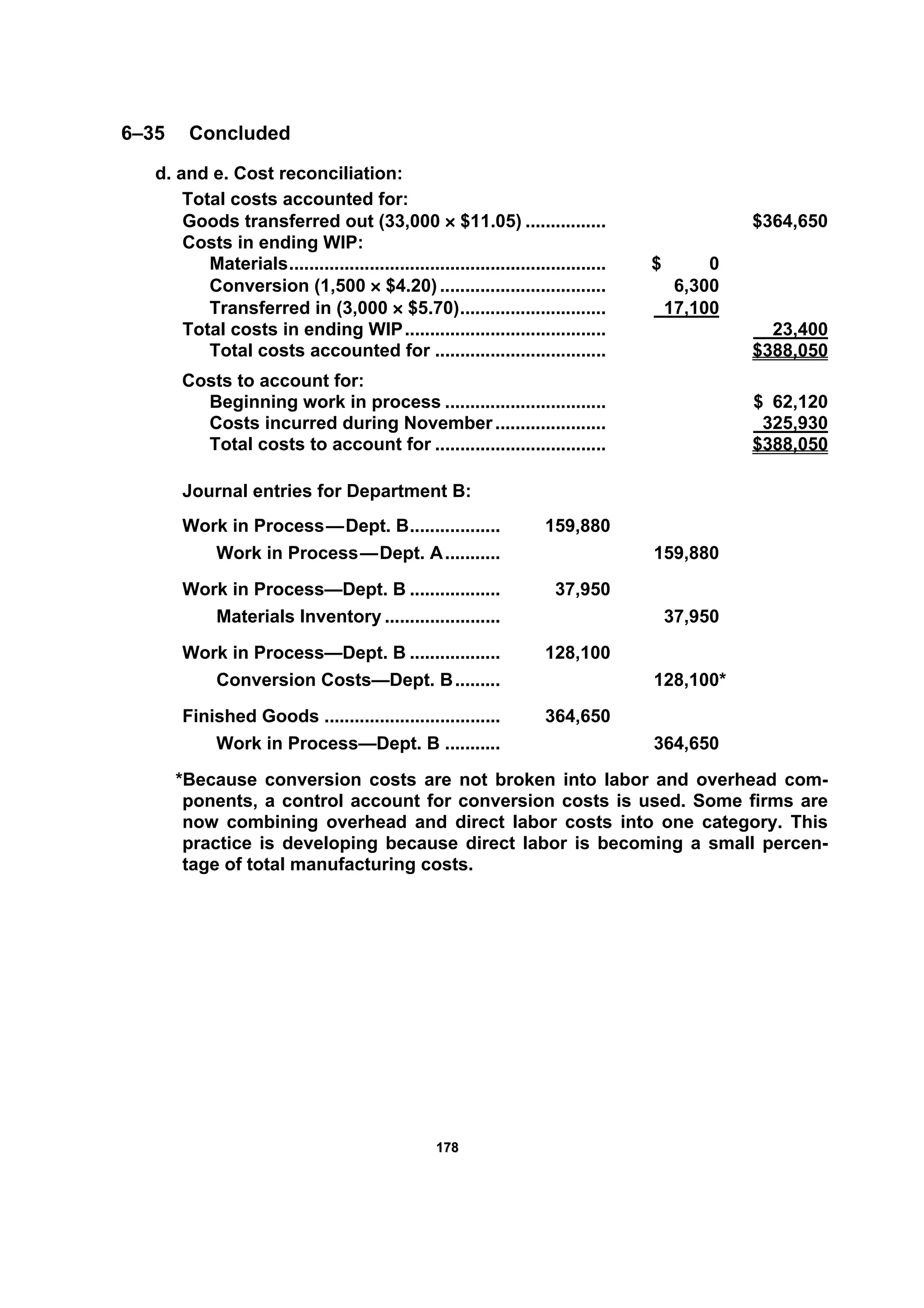 117788
6–35 Concluded
d. and e. Cost reconciliation:
Total costs accounted for:
Goods transferred out (33,000 × $11.05) ................ $364,650
Costs in ending WIP:
Materials............................................................... $ 0
Conversion (1,500 × $4.20) ................................. 6,300
Transferred in (3,000 × $5.70)............................. 17,100
Total costs in ending WIP........................................ 23,400
Total costs accounted for .................................. $388,050
Costs to account for:
Beginning work in process ................................ $ 62,120
Costs incurred during November...................... 325,930
Total costs to account for .................................. $388,050
Journal entries for Department B:
Work in Process—Dept. B.................. 159,880
Work in Process—Dept. A........... 159,880
Work in Process—Dept. B .................. 37,950
Materials Inventory ....................... 37,950
Work in Process—Dept. B .................. 128,100
Conversion Costs—Dept. B......... 128,100*
Finished Goods ................................... 364,650
Work in Process—Dept. B ........... 364,650
*Because conversion costs are not broken into labor and overhead com-
ponents, a control account for conversion costs is used. Some firms are
now combining overhead and direct labor costs into one category. This
practice is developing because direct labor is becoming a small percen-
tage of total manufacturing costs.
 