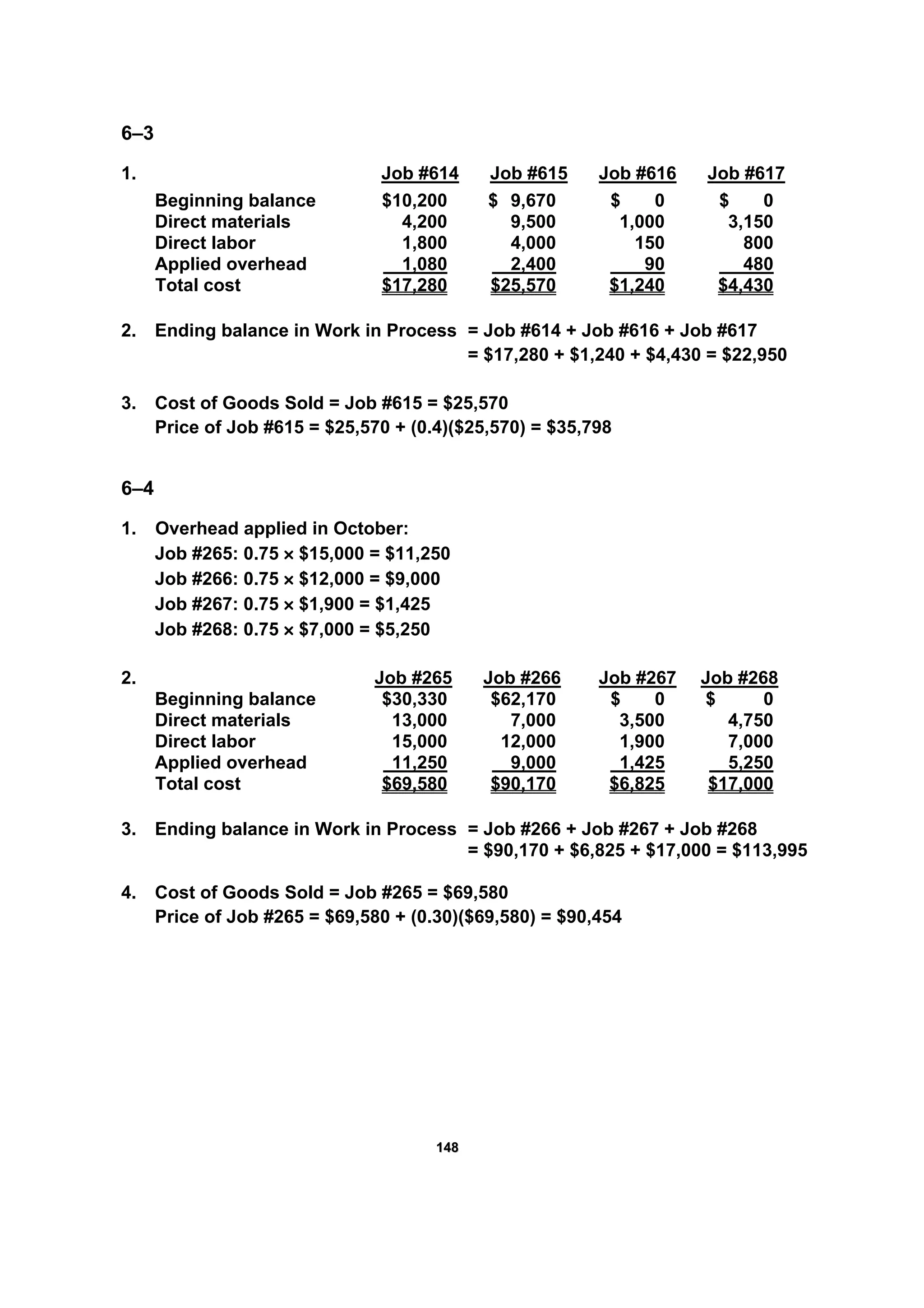 114488
6–3
1. Job #614 Job #615 Job #616 Job #617
Beginning balance $10,200 $ 9,670 $ 0 $ 0
Direct materials 4,200 9,500 1,000 3,150
Direct labor 1,800 4,000 150 800
Applied overhead 1,080 2,400 90 480
Total cost $17,280 $25,570 $1,240 $4,430
2. Ending balance in Work in Process = Job #614 + Job #616 + Job #617
= $17,280 + $1,240 + $4,430 = $22,950
3. Cost of Goods Sold = Job #615 = $25,570
Price of Job #615 = $25,570 + (0.4)($25,570) = $35,798
6–4
1. Overhead applied in October:
Job #265: 0.75 × $15,000 = $11,250
Job #266: 0.75 × $12,000 = $9,000
Job #267: 0.75 × $1,900 = $1,425
Job #268: 0.75 × $7,000 = $5,250
2. Job #265 Job #266 Job #267 Job #268
Beginning balance $30,330 $62,170 $ 0 $ 0
Direct materials 13,000 7,000 3,500 4,750
Direct labor 15,000 12,000 1,900 7,000
Applied overhead 11,250 9,000 1,425 5,250
Total cost $69,580 $90,170 $6,825 $17,000
3. Ending balance in Work in Process = Job #266 + Job #267 + Job #268
= $90,170 + $6,825 + $17,000 = $113,995
4. Cost of Goods Sold = Job #265 = $69,580
Price of Job #265 = $69,580 + (0.30)($69,580) = $90,454
 