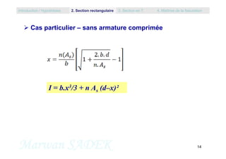  Cas particulier – sans armature comprimée
Introduction / Hypothèses 2. Section rectangulaire 3. Section en T 4. Maîtrise de la fissuration
Marwan SADEK 14
I = b.x3/3 + n As (d–x)²
 