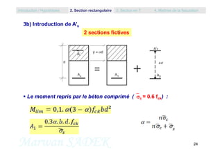 3b) Introduction de A’s
2 sections fictives
Introduction / Hypothèses 2. Section rectangulaire 3. Section en T 4. Maîtrise de la fissuration
Marwan SADEK 24
 Le moment repris par le béton comprimé (c = 0.6 fck) :
 