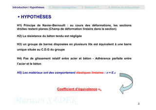 H1) Principe de Navier-Bernoulli : au cours des déformations, les sections
droites restent planes (Champ de déformation linéaire dans la section)
H2) La résistance du béton tendu est négligée
H3) un groupe de barres disposées en plusieurs lits est équivalent à une barre
unique située au C.D.G du groupe
Introduction / Hypothèses 2. Section rectangulaire 3. Section en T 4. Maîtrise de la fissuration
 HYPOTHÈSES
Marwan SADEK 3
H4) Pas de glissement relatif entre acier et béton - Adhérence parfaite entre
l’acier et le béton
H5) Les matériaux ont des comportement élastiques linéaires :  = E.
Coefficient d’équivalence e
 