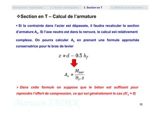 Section en T – Calcul de l’armature
 Si la contrainte dans l’acier est dépassée, il faudra recalculer la section
d’armature As. Si l’axe neutre est dans la nervure, le calcul est relativement
complexe. On pourra calculer As en prenant une formule approchée
conservatrice pour le bras de levier
Introduction / Hypothèses 2. Section rectangulaire 3. Section en T 4. Maîtrise de la fissuration
Marwan SADEK 30
 Dans cette formule on suppose que le béton est suffisant pour
reprendre l’effort de compression, ce qui est généralement le cas (A’s = 0)
 