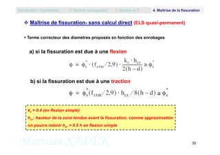  Maîtrise de fissuration- sans calcul direct (ELS quasi-permanent)
 Terme correcteur des diamètres proposés en fonction des enrobages
a) si la fissuration est due à une flexion
Introduction / Hypothèses 2. Section rectangulaire 3. Section en T 4. Maîtrise de la fissuration
Marwan SADEK 35
b) si la fissuration est due à une traction
kc = 0.4 (en flexion simple)
hcr: hauteur de la zone tendue avant la fissuration, comme approximation
on pourra retenir hcr = 0.5 h en flexion simple
 