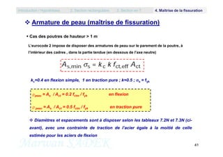  Armature de peau (maîtrise de fissuration)
 Cas des poutres de hauteur > 1 m
L’eurocode 2 impose de disposer des armatures de peau sur le parement de la poutre, à
l’intérieur des cadres , dans la partie tendue (en dessous de l’axe neutre)
k =0.4 en flexion simple, 1 en traction pure ; k=0.5 ;  = f
Introduction / Hypothèses 2. Section rectangulaire 3. Section en T 4. Maîtrise de la fissuration
Marwan SADEK 41
peau = As / Act = 0.2 fctm / fyk en flexion
 peau = As / Act = 0.5 fctm / fyk en traction pure
kc=0.4 en flexion simple, 1 en traction pure ; k=0.5 ; s = fyk
 Diamètres et espacements sont à disposer selon les tableaux 7.2N et 7.3N (ci-
avant), avec une contrainte de traction de l’acier égale à la moitié de celle
estimée pour les aciers de flexion
 