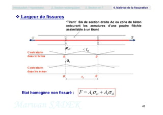  Largeur de fissures
‘Tirant’ BA de section droite Ac ou zone de béton
entourant les armatures d’une poutre fléchie
assimilable à un tirant
Introduction / Hypothèses 2. Section rectangulaire 3. Section en T 4. Maîtrise de la fissuration
Marwan SADEK 43
Etat homogène non fissuré :
 