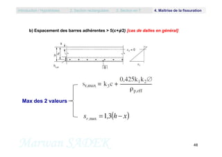 b) Espacement des barres adhérentes > 5(c+/2) [cas de dalles en général]
Introduction / Hypothèses 2. Section rectangulaire 3. Section en T 4. Maîtrise de la fissuration
Marwan SADEK 48
Max des 2 valeurs
 
