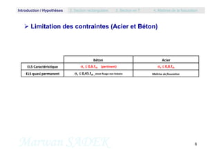  Limitation des contraintes (Acier et Béton)
Béton Acier
ELS Caractéristique c  0,6.fck (pertinent) s  0,8.fck
ELS qu...