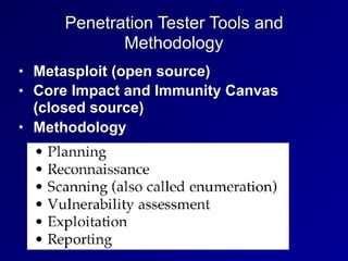 Penetration Tester Tools and
Methodology
• Metasploit (open source)
• Core Impact and Immunity Canvas
(closed source)
• Me...