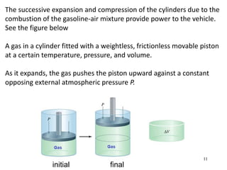 11
initial final
The successive expansion and compression of the cylinders due to the
combustion of the gasoline-air mixture provide power to the vehicle.
See the figure below
A gas in a cylinder fitted with a weightless, frictionless movable piston
at a certain temperature, pressure, and volume.
As it expands, the gas pushes the piston upward against a constant
opposing external atmospheric pressure P.
 