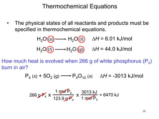 19
H2O (s) H2O (l) DH = 6.01 kJ/mol
• The physical states of all reactants and products must be
specified in thermochemical equations.
Thermochemical Equations
H2O (l) H2O (g) DH = 44.0 kJ/mol
How much heat is evolved when 266 g of white phosphorus (P4)
burn in air?
P4 (s) + 5O2 (g) P4O10 (s) DH = -3013 kJ/mol
266 g P4
1 mol P4
123.9 g P4
x
3013 kJ
1 mol P4
x = 6470 kJ
 