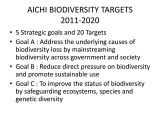 AICHI BIODIVERSITY TARGETS
2011-2020
• 5 Strategic goals and 20 Targets
• Goal A : Address the underlying causes of
biodiversity loss by mainstreaming
biodiversity across government and society
• Goal B : Reduce direct pressure on biodiversity
and promote sustainable use
• Goal C : To improve the status of biodiversity
by safeguarding ecosystems, species and
genetic diversity
 