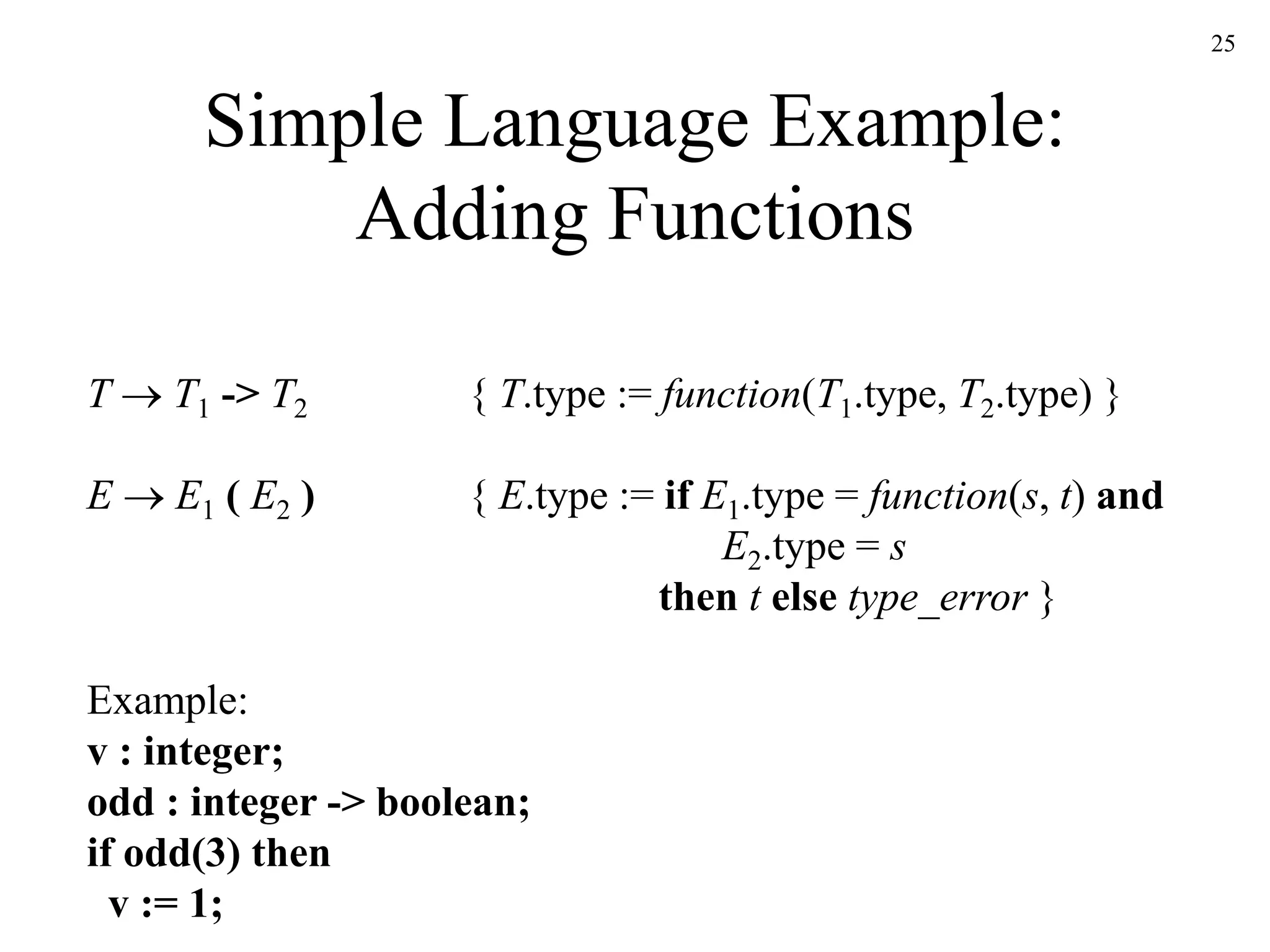 25
Simple Language Example:
Adding Functions
T  T1 -> T2 { T.type := function(T1.type, T2.type) }
E  E1 ( E2 ) { E.type := if E1.type = function(s, t) and
E2.type = s
then t else type_error }
Example:
v : integer;
odd : integer -> boolean;
if odd(3) then
v := 1;
 