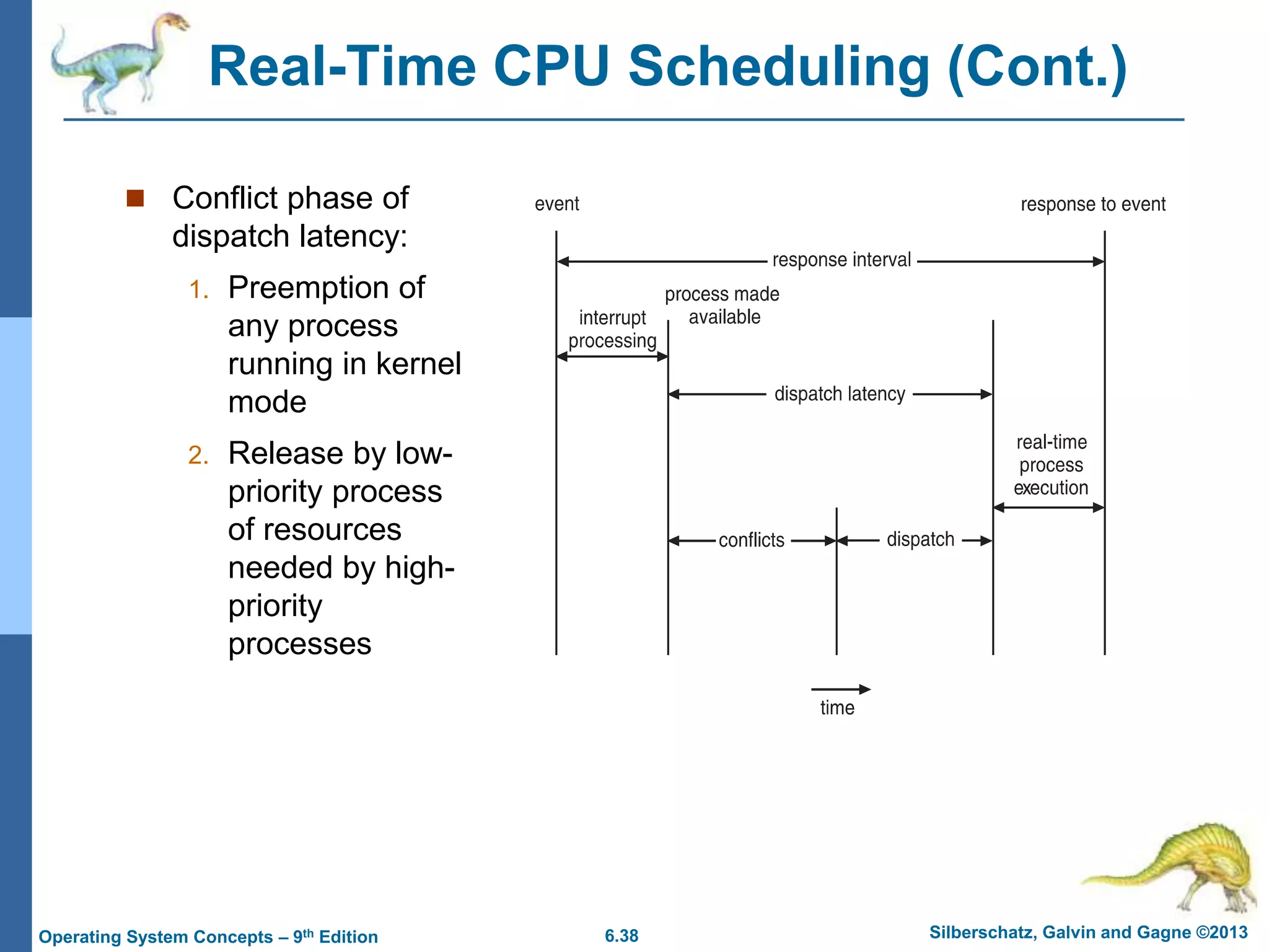 6.38 Silberschatz, Galvin and Gagne ©2013
Operating System Concepts – 9th Edition
Real-Time CPU Scheduling (Cont.)
 Conflict phase of
dispatch latency:
1. Preemption of
any process
running in kernel
mode
2. Release by low-
priority process
of resources
needed by high-
priority
processes
 