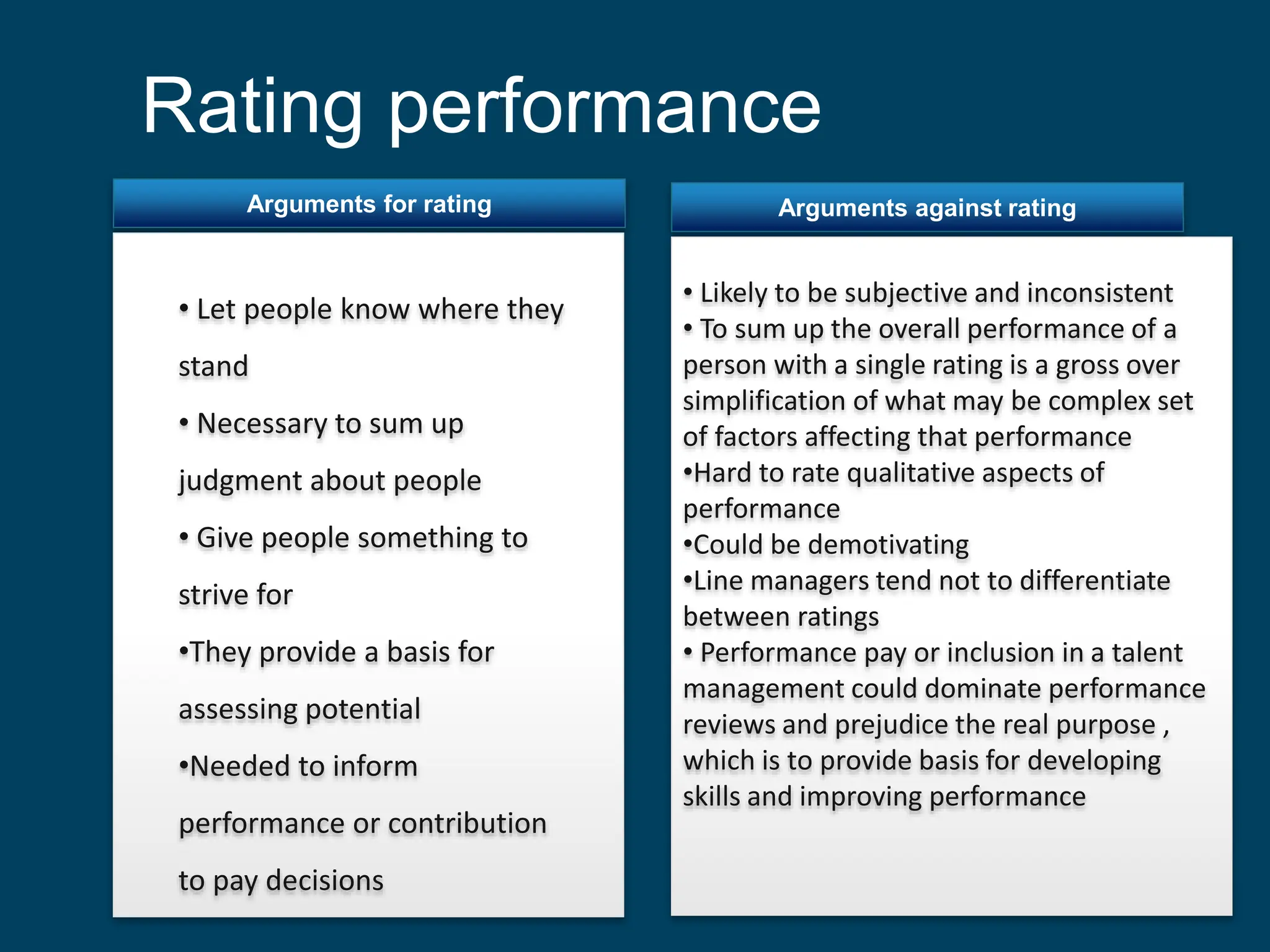 Arguments for rating
Templates
Arguments against rating
• Let people know where they
stand
• Necessary to sum up
judgment about people
• Give people something to
strive for
•They provide a basis for
assessing potential
•Needed to inform
performance or contribution
to pay decisions
• Likely to be subjective and inconsistent
• To sum up the overall performance of a
person with a single rating is a gross over
simplification of what may be complex set
of factors affecting that performance
•Hard to rate qualitative aspects of
performance
•Could be demotivating
•Line managers tend not to differentiate
between ratings
• Performance pay or inclusion in a talent
management could dominate performance
reviews and prejudice the real purpose ,
which is to provide basis for developing
skills and improving performance
Rating performance
 