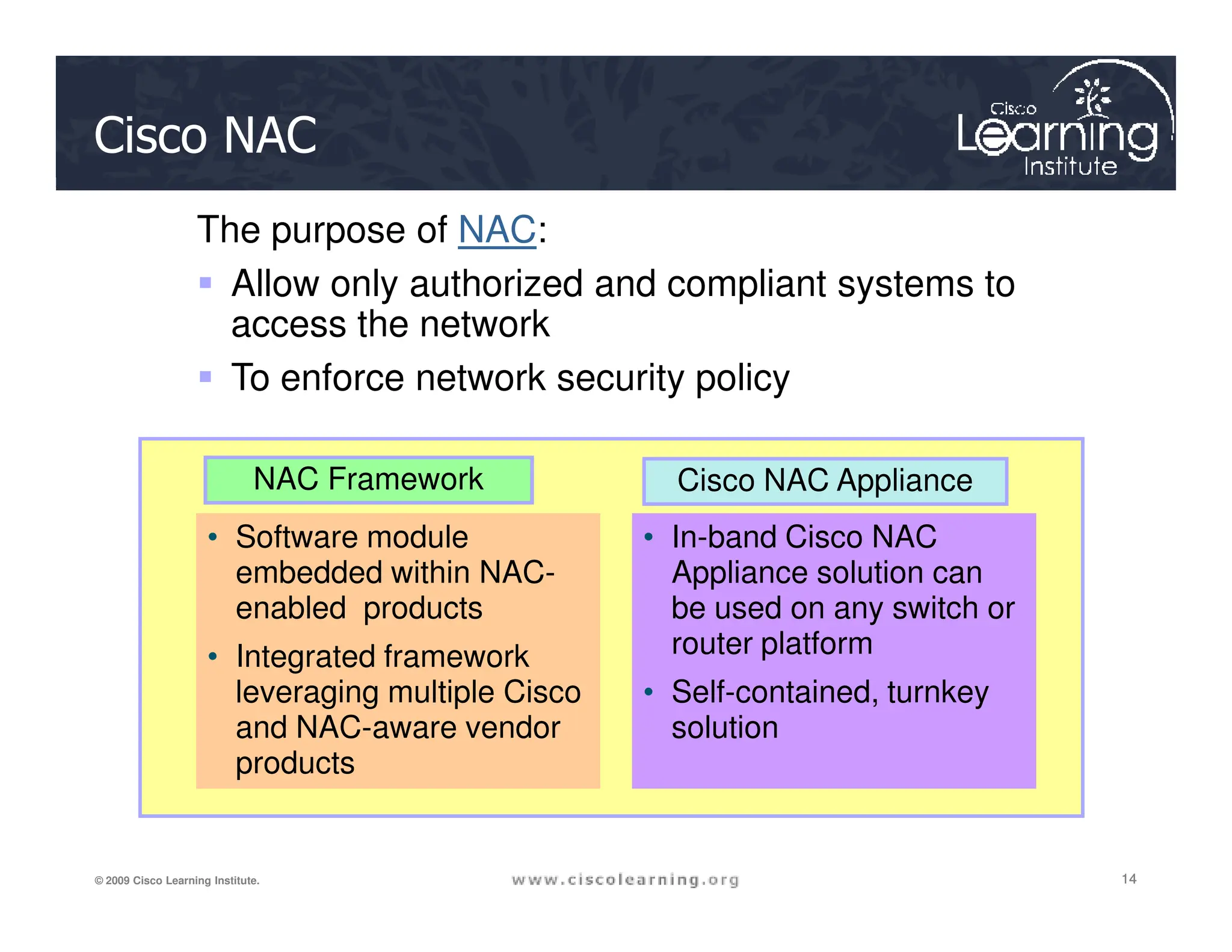 Cisco NAC
NAC Framework
The purpose of NAC:
 Allow only authorized and compliant systems to
access the network
 To enforce network security policy
Cisco NAC Appliance
14
14
14
© 2009 Cisco Learning Institute.
NAC Framework
• Software module
embedded within NAC-
enabled products
• Integrated framework
leveraging multiple Cisco
and NAC-aware vendor
products
• In-band Cisco NAC
Appliance solution can
be used on any switch or
router platform
• Self-contained, turnkey
solution
Cisco NAC Appliance
 