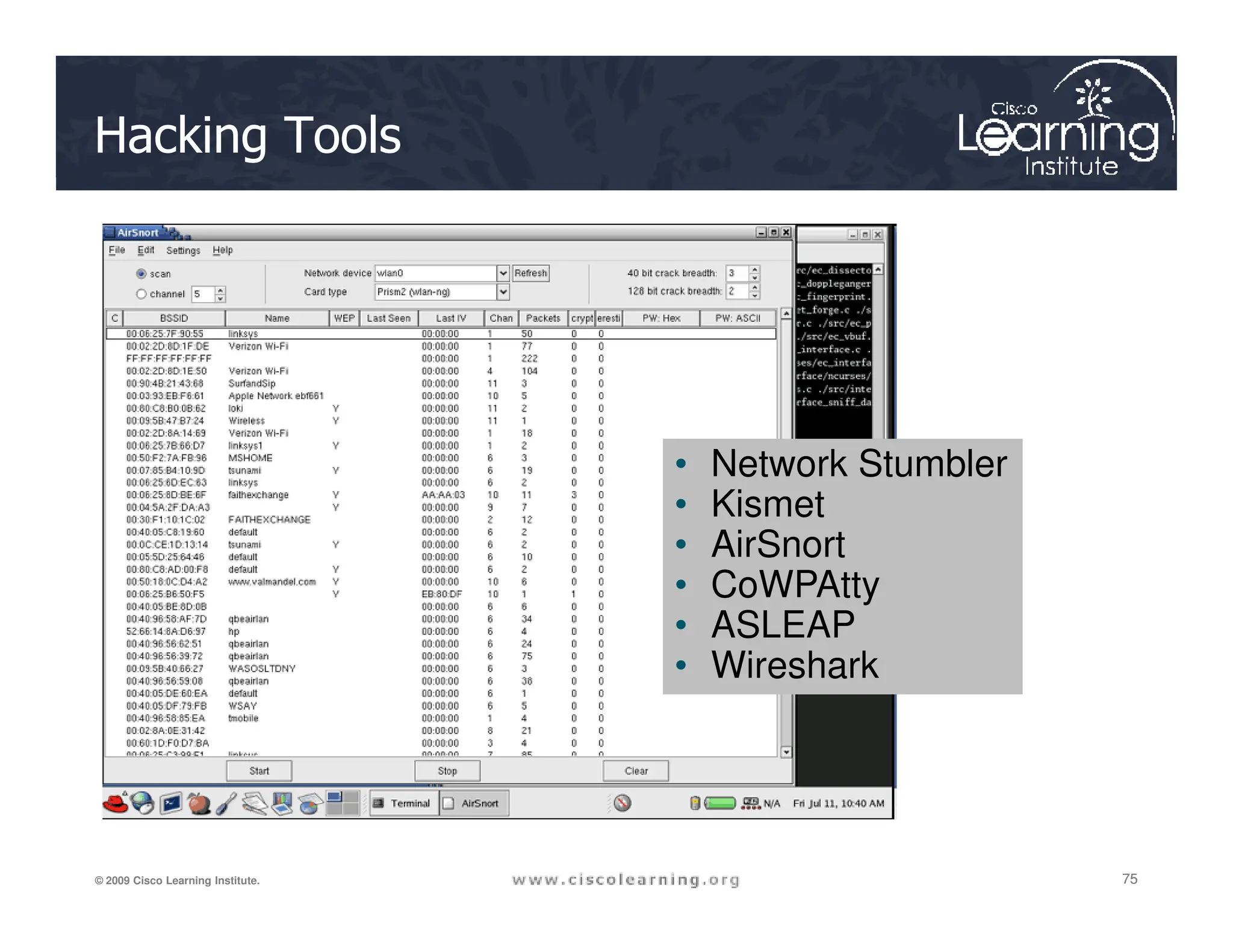 Hacking Tools
• Network Stumbler
75
75
75
© 2009 Cisco Learning Institute.
• Network Stumbler
• Kismet
• AirSnort
• CoWPAtty
• ASLEAP
• Wireshark
 