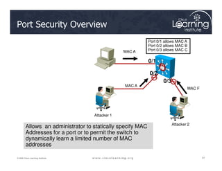 Port Security Overview
MAC A
MAC A
Port 0/1 allows MAC A
Port 0/2 allows MAC B
Port 0/3 allows MAC C
0/1
0/2
0/3
37
37
37
© 2009 Cisco Learning Institute.
MAC A
Attacker 1
Attacker 2
MAC F
Allows an administrator to statically specify MAC
Addresses for a port or to permit the switch to
dynamically learn a limited number of MAC
addresses
 