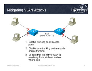 Trunk
(Native VLAN = 10)
Mitigating VLAN Attacks
57
57
57
© 2009 Cisco Learning Institute.
(Native VLAN = 10)
1. Disable trunking on all access
ports.
2. Disable auto trunking and manually
enable trunking
3. Be sure that the native VLAN is
used only for trunk lines and no
where else
 