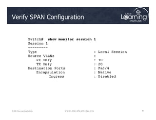 Verify SPAN Configuration
61
61
61
© 2009 Cisco Learning Institute.
 