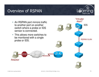 Overview of RSPAN
• An RSPAN port mirrors traffic
to another port on another
switch where a probe or IDS
sensor is connected.
• This allows more switches to
be monitored with a single
“Intruder
Alert!”
IDS
RSPAN VLAN
Source VLAN
63
63
63
© 2009 Cisco Learning Institute.
be monitored with a single
probe or IDS.
Attacker
RSPAN VLAN
Source VLAN
Source VLAN
 