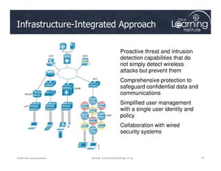 Infrastructure-Integrated Approach
• Proactive threat and intrusion
detection capabilities that do
not simply detect wireless
attacks but prevent them
• Comprehensive protection to
safeguard confidential data and
70
70
70
© 2009 Cisco Learning Institute.
safeguard confidential data and
communications
• Simplified user management
with a single user identity and
policy
• Collaboration with wired
security systems
 