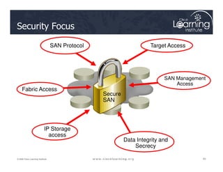 Security Focus
SAN
Target Access
SAN Protocol
SAN Management
Access
93
93
93
© 2009 Cisco Learning Institute.
SAN
Secure
SAN
IP Storage
access
Data Integrity and
Secrecy
Access
Fabric Access
 