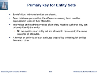 ©Silberschatz, Korth and Sudarshan
6.35
Database System Concepts - 7th Edition
Primary key for Entity Sets
▪ By definition, individual entities are distinct.
▪ From database perspective, the differences among them must be
expressed in terms of their attributes.
▪ The values of the attribute values of an entity must be such that they can
uniquely identify the entity.
• No two entities in an entity set are allowed to have exactly the same
value for all attributes.
▪ A key for an entity is a set of attributes that suffice to distinguish entities
from each other
 