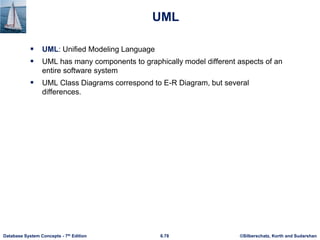 ©Silberschatz, Korth and Sudarshan
6.78
Database System Concepts - 7th Edition
UML
▪ UML: Unified Modeling Language
▪ UML has many components to graphically model different aspects of an
entire software system
▪ UML Class Diagrams correspond to E-R Diagram, but several
differences.
 