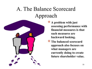 A. The Balance Scorecard
Approach
 A problem with just
assessing performance with
financial measures is that
such measures are
backward looking.
 The balanced scorecard
approach also focuses on
what managers are
currently doing to create
future shareholder value.
18
 