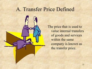 A. Transfer Price Defined
The price that is used to
value internal transfers
of goods and services
within the same
company is known as
the transfer price.
22
 