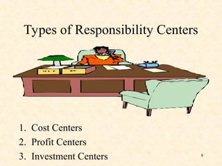Types of Responsibility Centers
1. Cost Centers
2. Profit Centers
3. Investment Centers 8
 