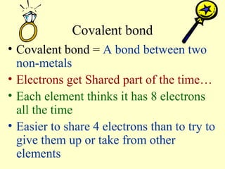 Covalent bond Covalent bond =  A bond between two non-metals Electrons get Shared part of the time… Each element thinks it has 8 electrons all the time   Easier to share 4 electrons than to try to give them up or take from other elements 