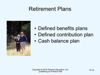 Copyright © 2010 Pearson Education, Inc.
publishing as Prentice Hall
10-19
Retirement Plans
• Defined benefits plans
• Defined contribution plan
• Cash balance plan
 