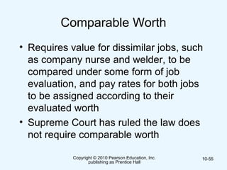 Copyright © 2010 Pearson Education, Inc.
publishing as Prentice Hall
10-55
Comparable Worth
• Requires value for dissimilar jobs, such
as company nurse and welder, to be
compared under some form of job
evaluation, and pay rates for both jobs
to be assigned according to their
evaluated worth
• Supreme Court has ruled the law does
not require comparable worth
 