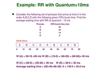 Example: RR with Quantum=10ms
 Consider the following set of process that arrive at time 0 in the
order A,B,C,D with the following given CPU burst time. Find the
average waiting time with RR of quantum : 10 ms
Process CPU burst time (ms)
A 20
B 40
C 14
D 6
A B C D A B C B B
Gantt Chart:
0 10 20 30 36 46 56 60 70 80
W (A) = 36-10 =26 ms W (B) = (10-0) + (46-20) + (60-56)= 40 ms
W (C) = (20-0) + (56-30) = 46 ms W (D) = 30-0 = 30 ms
Average waiting time = (26+40+46+30) /4 = 142/4 = 35.5 ms
 