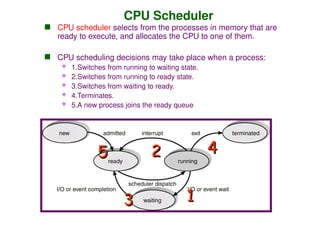 CPU Scheduler
 CPU scheduler selects from the processes in memory that are
ready to execute, and allocates the CPU to one of them.
 CPU scheduling decisions may take place when a process:
 1.Switches from running to waiting state.
 2.Switches from running to ready state.
 3.Switches from waiting to ready.
 4.Terminates.
 5.A new process joins the ready queue
1
1
2
2
3
3
4
4
5
5
 