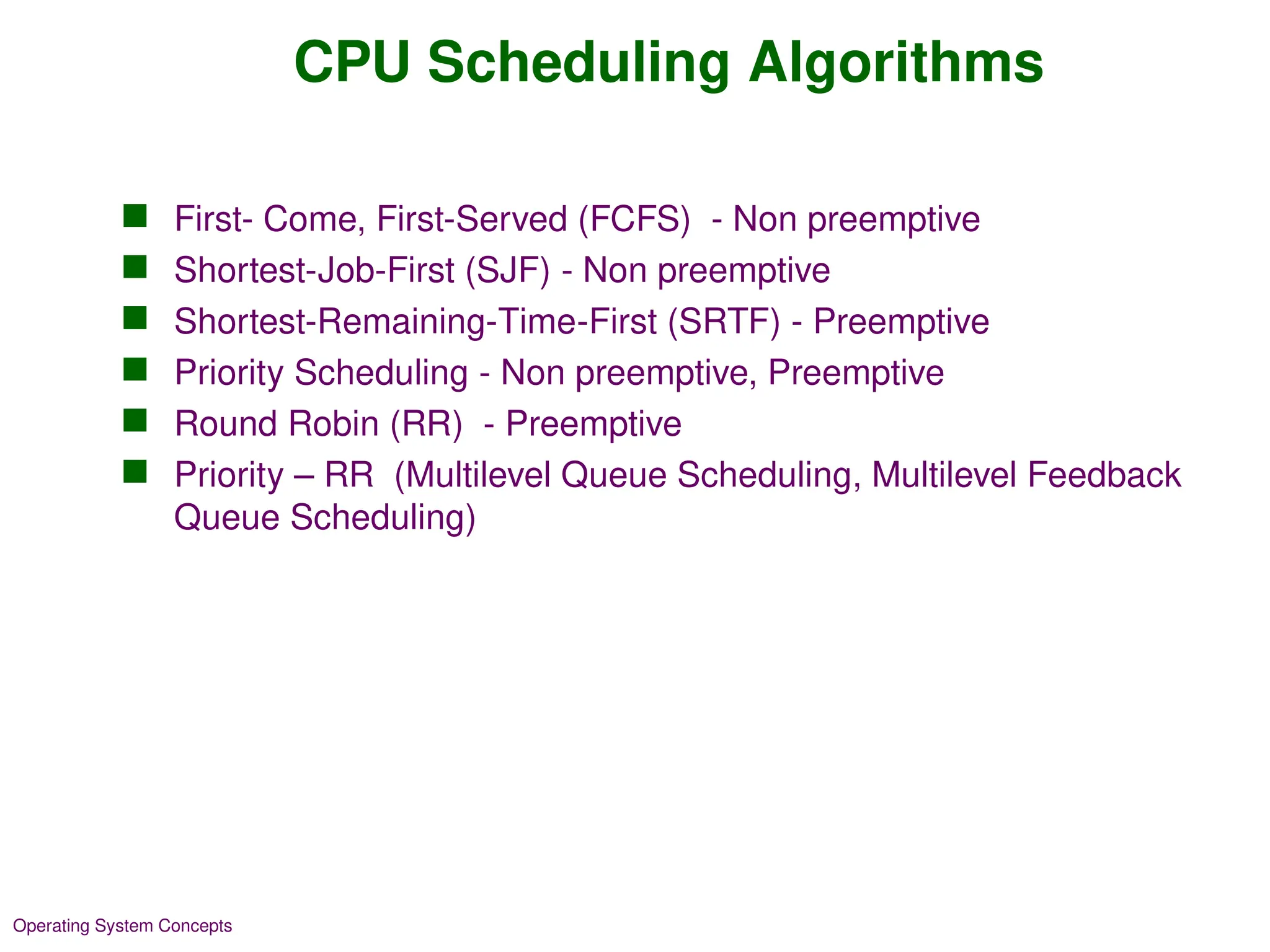 CPU Scheduling Algorithms
 First- Come, First-Served (FCFS) - Non preemptive
 Shortest-Job-First (SJF) - Non preemptive
 Shortest-Remaining-Time-First (SRTF) - Preemptive
 Priority Scheduling - Non preemptive, Preemptive
 Round Robin (RR) - Preemptive
 Priority – RR (Multilevel Queue Scheduling, Multilevel Feedback
Queue Scheduling)
Operating System Concepts
 