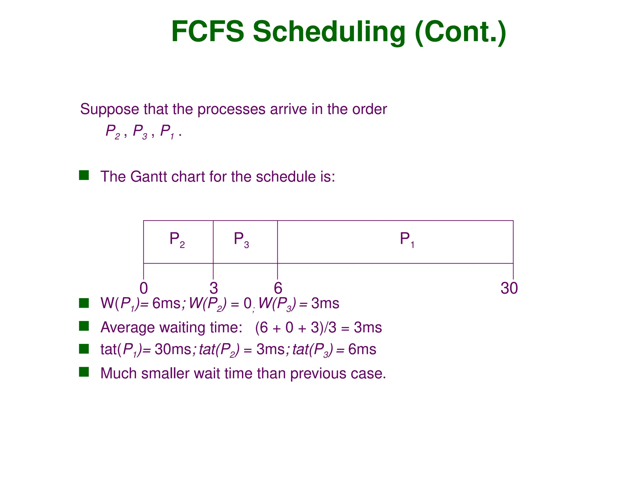 FCFS Scheduling (Cont.)
Suppose that the processes arrive in the order
P2 , P3 , P1 .
 The Gantt chart for the schedule is:
 W(P1)= 6ms; W(P2) = 0; W(P3) = 3ms
 Average waiting time: (6 + 0 + 3)/3 = 3ms
 tat(P1)= 30ms; tat(P2) = 3ms; tat(P3) = 6ms
 Much smaller wait time than previous case.
P1
P3
P2
6
3 30
0
 
