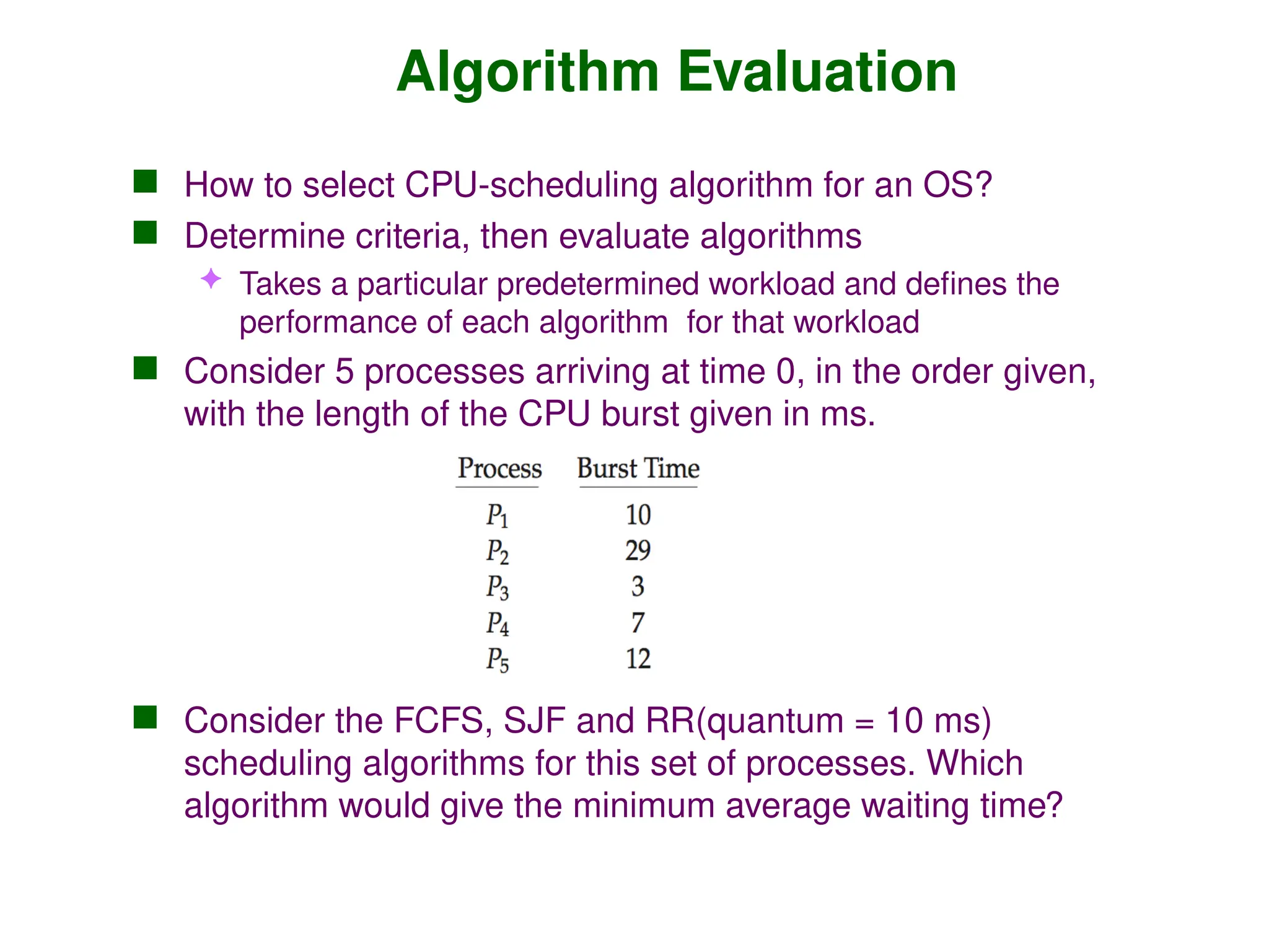 Algorithm Evaluation
 How to select CPU-scheduling algorithm for an OS?
 Determine criteria, then evaluate algorithms
 Takes a particular predetermined workload and defines the
performance of each algorithm for that workload
 Consider 5 processes arriving at time 0, in the order given,
with the length of the CPU burst given in ms.
 Consider the FCFS, SJF and RR(quantum = 10 ms)
scheduling algorithms for this set of processes. Which
algorithm would give the minimum average waiting time?
 