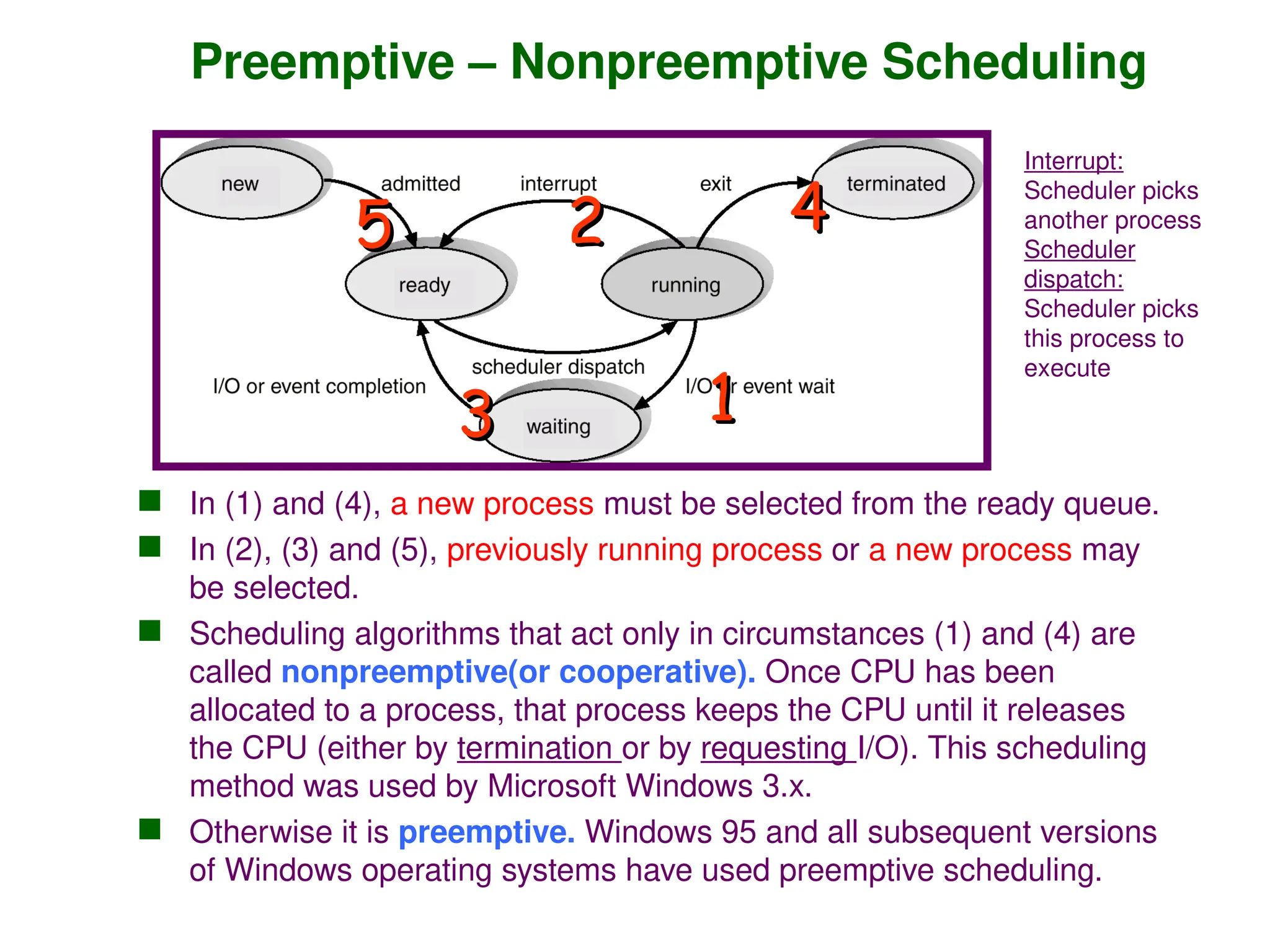 Preemptive – Nonpreemptive Scheduling
 In (1) and (4), a new process must be selected from the ready queue.
 In (2), (3) and (5), previously running process or a new process may
be selected.
 Scheduling algorithms that act only in circumstances (1) and (4) are
called nonpreemptive(or cooperative). Once CPU has been
allocated to a process, that process keeps the CPU until it releases
the CPU (either by termination or by requesting I/O). This scheduling
method was used by Microsoft Windows 3.x.
 Otherwise it is preemptive. Windows 95 and all subsequent versions
of Windows operating systems have used preemptive scheduling.
1
1
2
2
3
3
4
4
5
5
Interrupt:
Scheduler picks
another process
Scheduler
dispatch:
Scheduler picks
this process to
execute
 