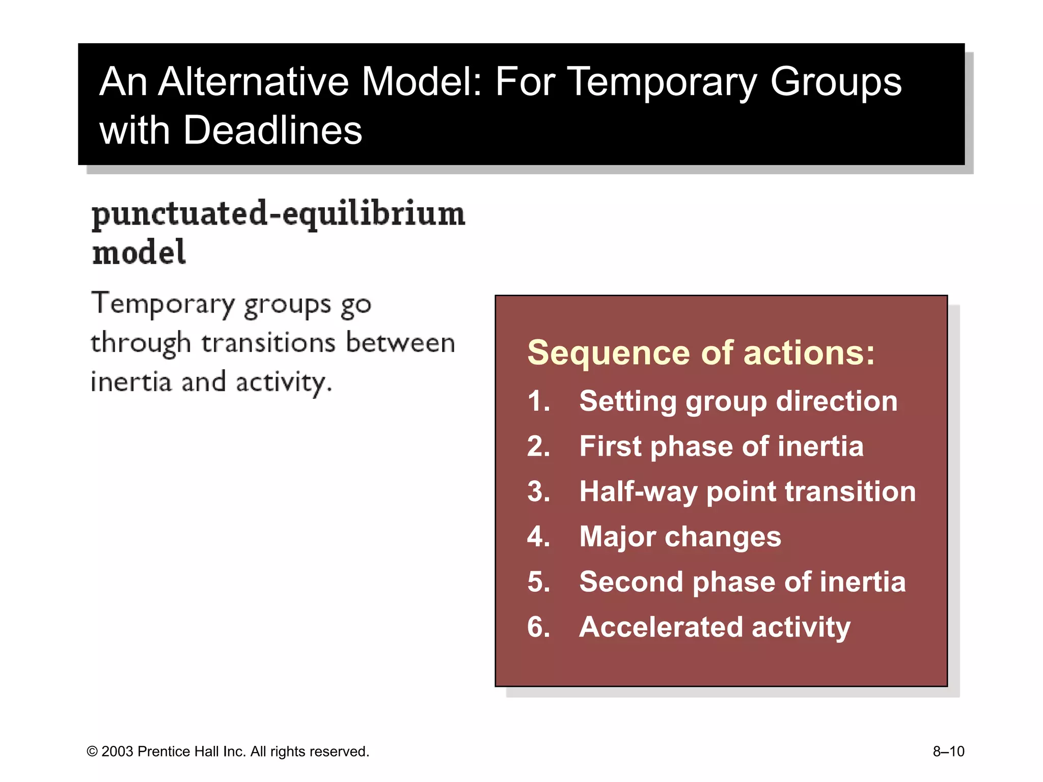 © 2003 Prentice Hall Inc. All rights reserved. 8–10
An Alternative Model: For Temporary Groups
with Deadlines
Sequence of actions:
1. Setting group direction
2. First phase of inertia
3. Half-way point transition
4. Major changes
5. Second phase of inertia
6. Accelerated activity
 