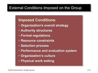 © 2003 Prentice Hall Inc. All rights reserved. 8–13
External Conditions Imposed on the Group
Imposed Conditions:
• Organization’s overall strategy
• Authority structures
• Formal regulations
• Resource constraints
• Selection process
• Performance and evaluation system
• Organization’s culture
• Physical work setting
 