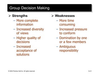 © 2003 Prentice Hall Inc. All rights reserved. 8–31
Group Decision Making
 Strengths
– More complete
information
– Increased diversity
of views
– Higher quality of
decisions
– Increased
acceptance of
solutions
 Weaknesses
– More time
consuming
– Increased pressure
to conform
– Domination by one
or a few members
– Ambiguous
responsibility
 