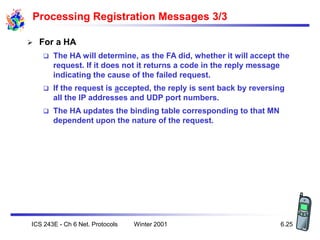 Winter 2001
ICS 243E - Ch 6 Net. Protocols 6.25
Processing Registration Messages 3/3
 For a HA
 The HA will determine, a...