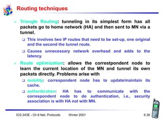 Winter 2001
ICS 243E - Ch 6 Net. Protocols 6.36
Routing techniques
 Triangle Routing: tunneling in its simplest form has ...
