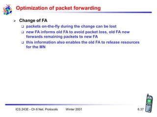 Winter 2001
ICS 243E - Ch 6 Net. Protocols 6.37
Optimization of packet forwarding
 Change of FA
 packets on-the-fly duri...