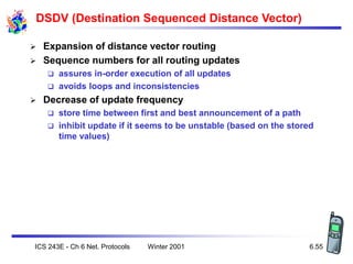Winter 2001
ICS 243E - Ch 6 Net. Protocols 6.55
DSDV (Destination Sequenced Distance Vector)
 Expansion of distance vecto...