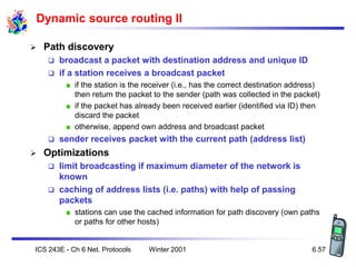 Winter 2001
ICS 243E - Ch 6 Net. Protocols 6.57
Dynamic source routing II
 Path discovery
 broadcast a packet with desti...